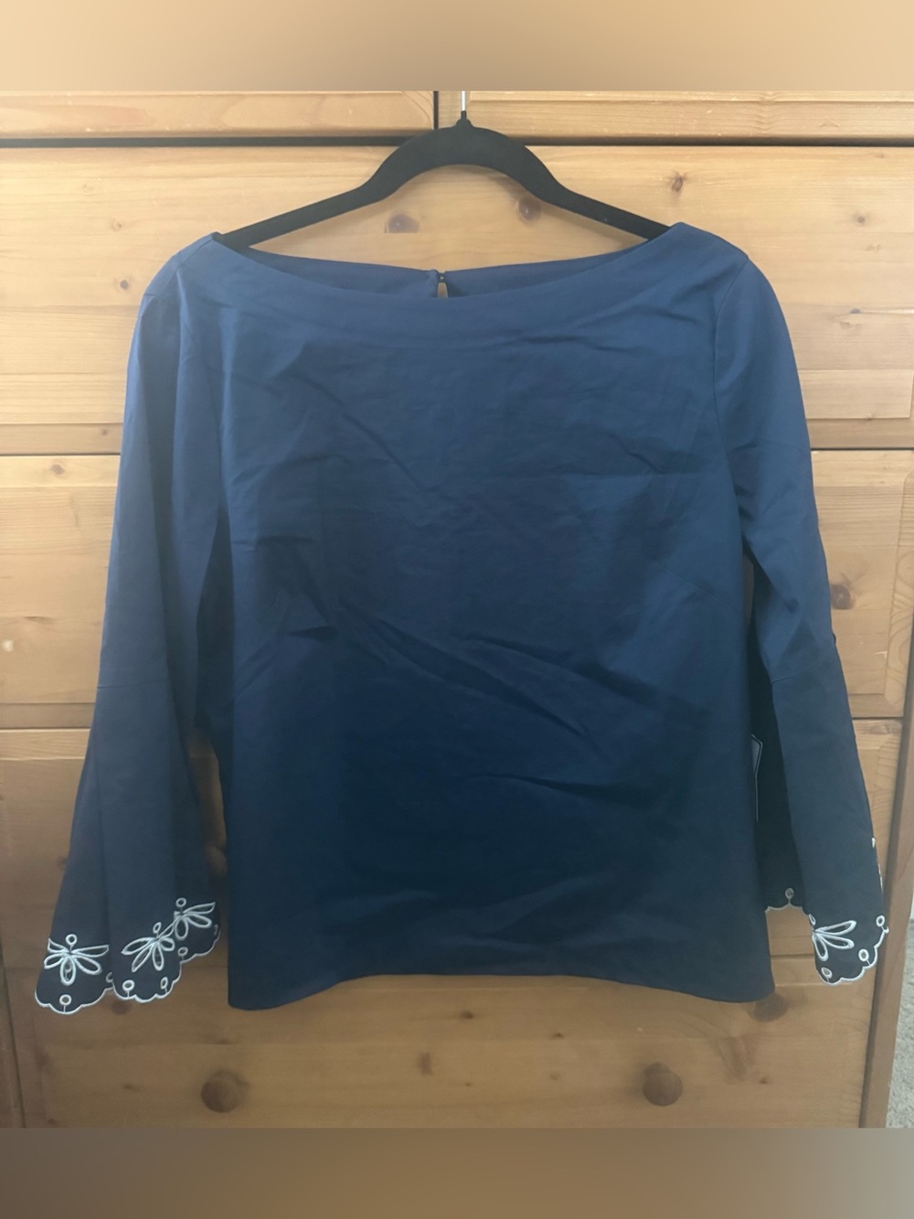 Laundry By Shelli Segal Navy Embroidered Bell-Sleeve Top
